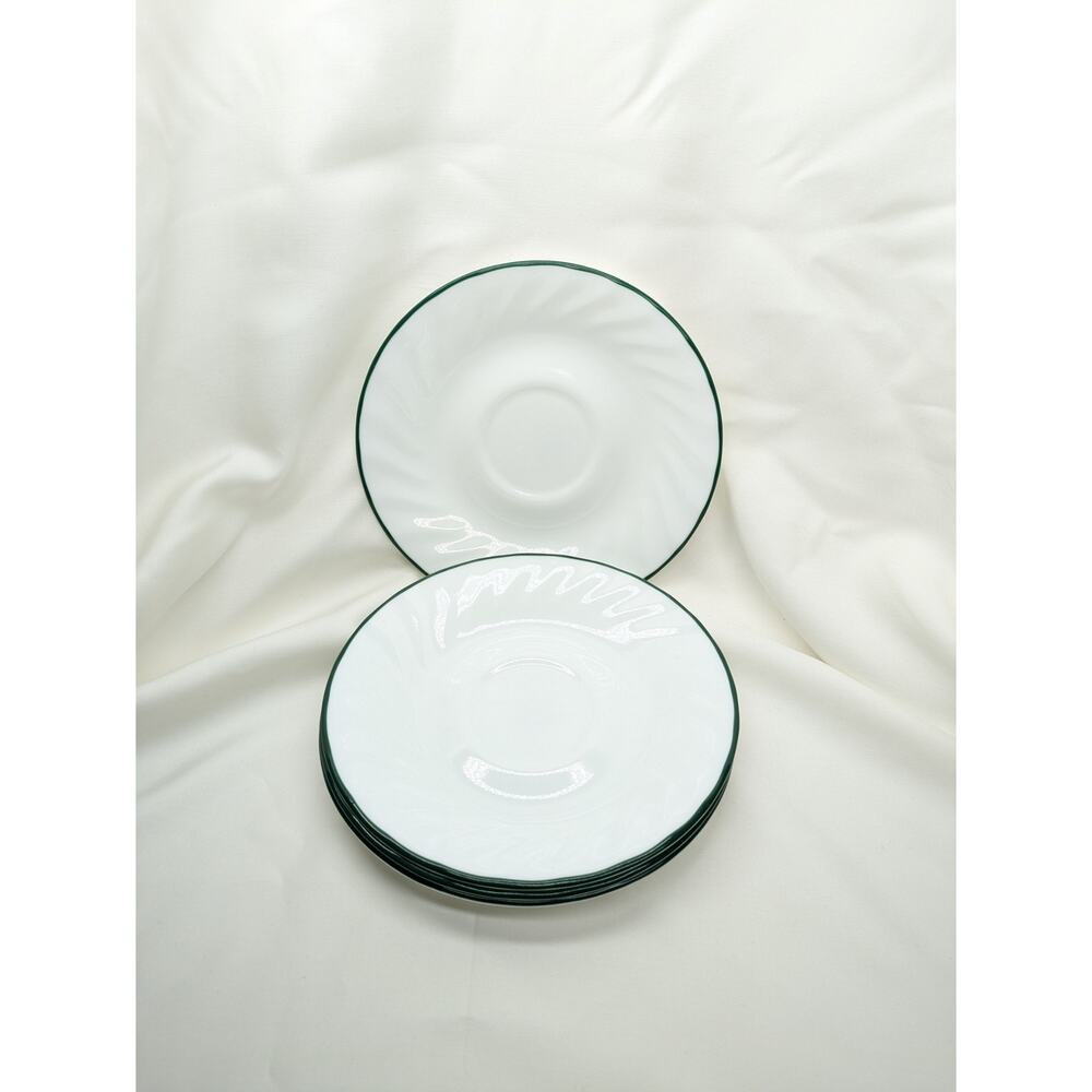 Set of 4 Corelle Callaway Ivy  Saucers Mug Plates Swirl Green Rim 6 1/4" Fairy